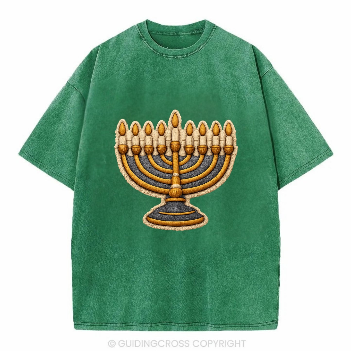 MENORAH LIGHTS - nine branch candelabra in gold and blue , Hanukkah - Vintage T-shirt - Forest Mist(Green)