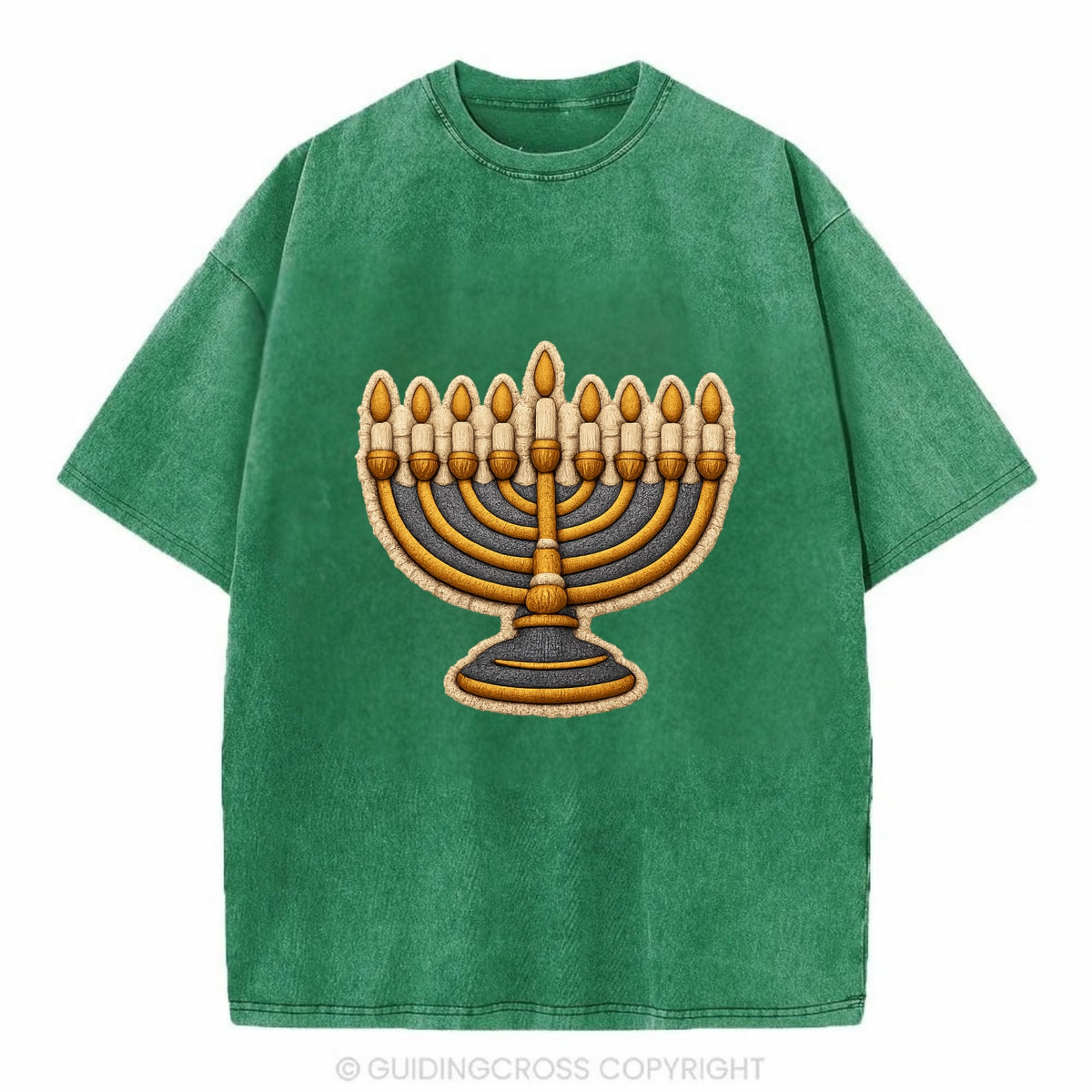 MENORAH LIGHTS - nine branch candelabra in gold and blue , Hanukkah - Vintage T-shirt - Forest Mist(Green)