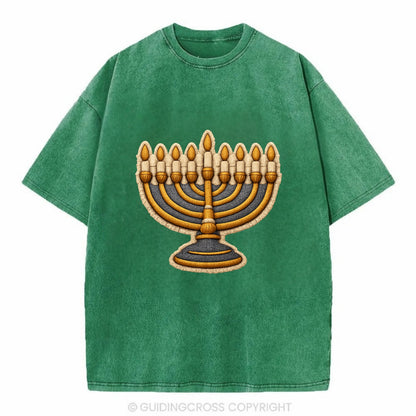 MENORAH LIGHTS - nine branch candelabra in gold and blue , Hanukkah - Vintage T-shirt - Forest Mist(Green)