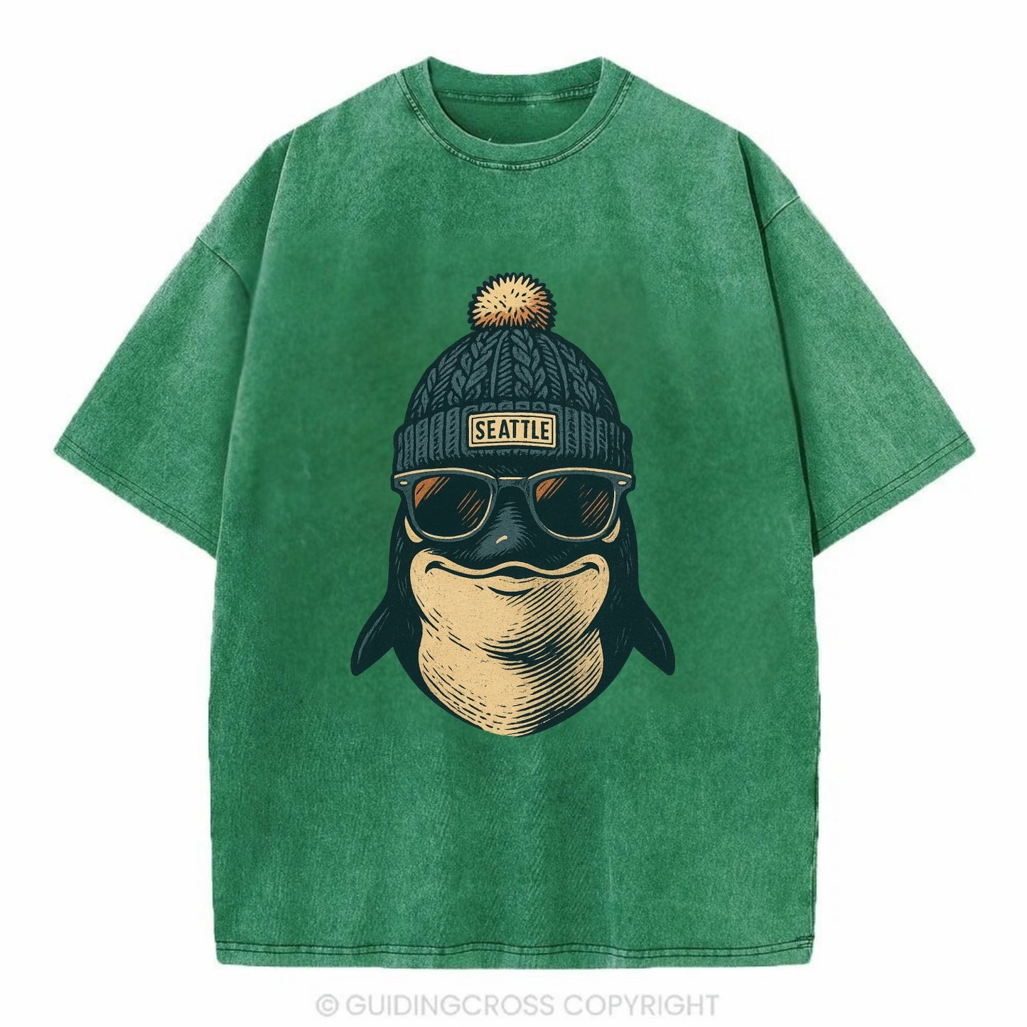 Washington Orca wearing Seattle beanie with pom pom and wayfarer sunglasses - Vintage T-shirt - Forest Mist(Green)