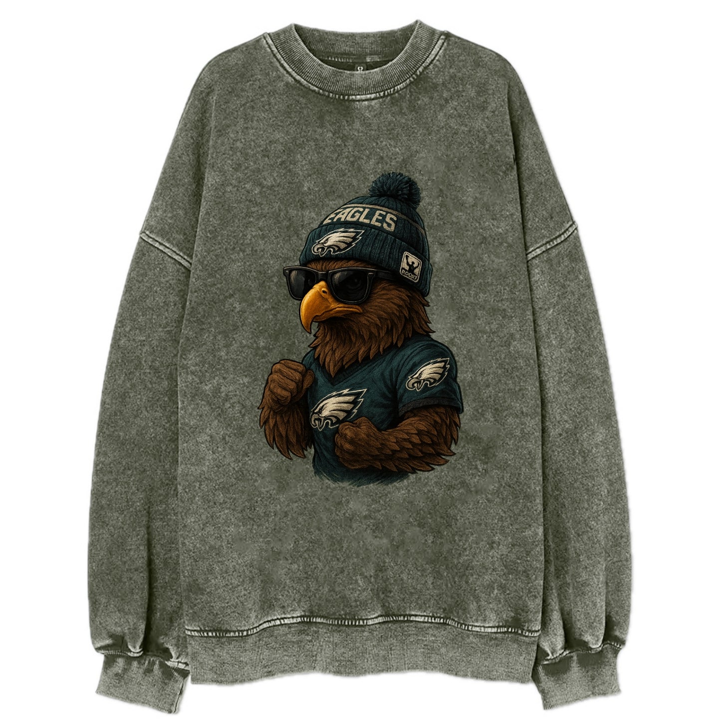 Philly Hawk wearing Eagles beanie with Rocky patch and wayfarer sunglasses - Vintage Sweatshirt - Forest Mist(Green)
