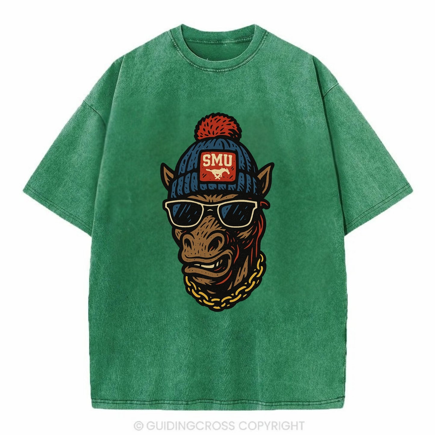 Dallas Mustang wearing SMU beanie with pony patch - Vintage T-shirt - Forest Mist(Green)