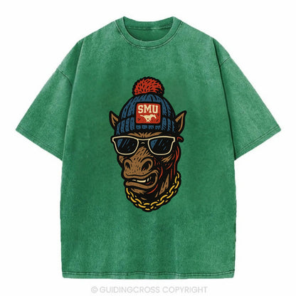 Dallas Mustang wearing SMU beanie with pony patch - Vintage T-shirt - Forest Mist(Green)