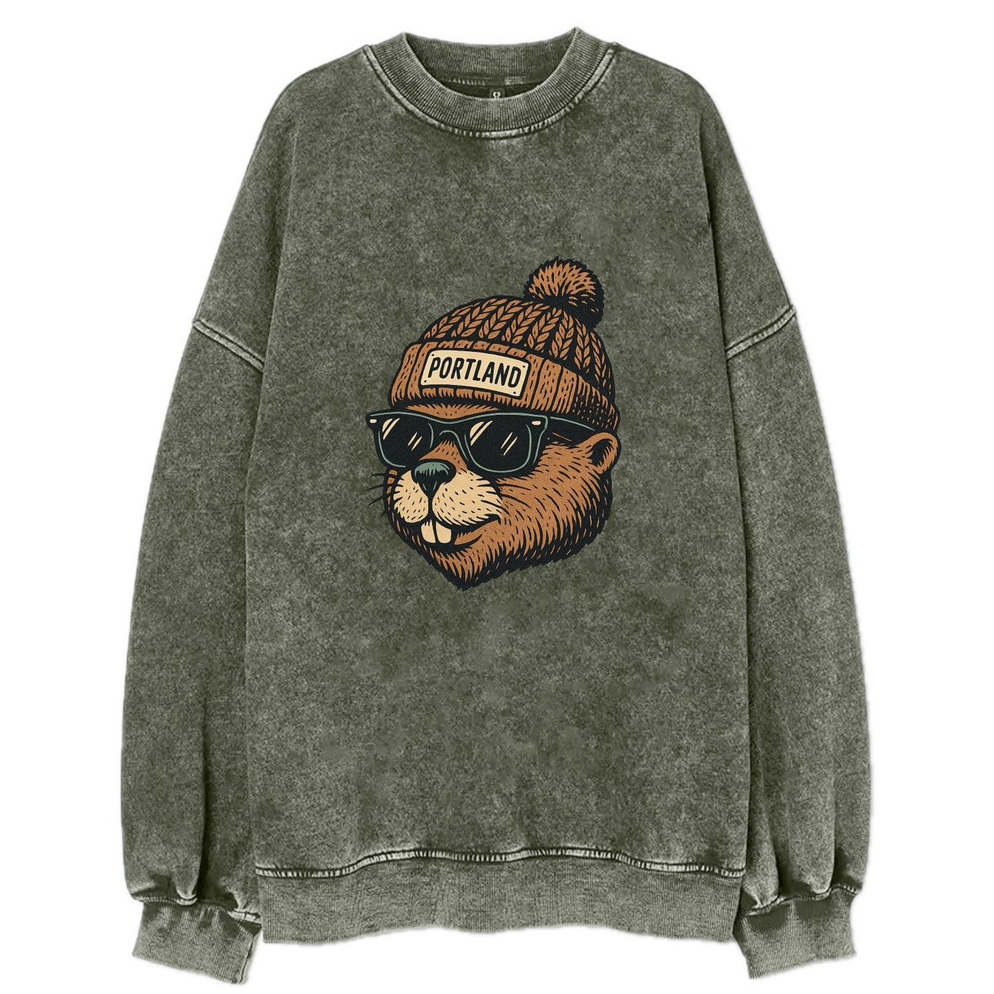 Portland Beaver wearing Portland beanie with pom pom and wayfarer sunglasses - Vintage Sweatshirt - Forest Mist(Green)
