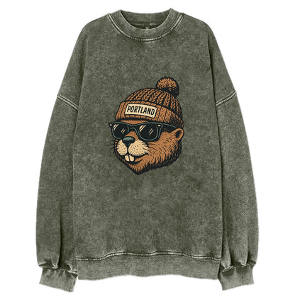 Portland Beaver wearing Portland beanie with pom pom and wayfarer sunglasses - Vintage Sweatshirt - Forest Mist(Green)