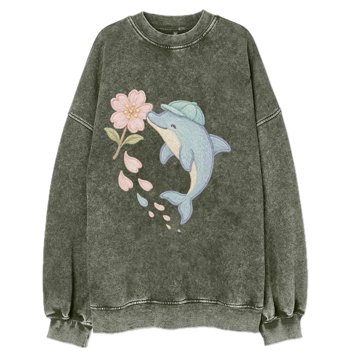 Dolphin Sakura Leap  - Vintage Sweatshirt - Forest Mist(Green)