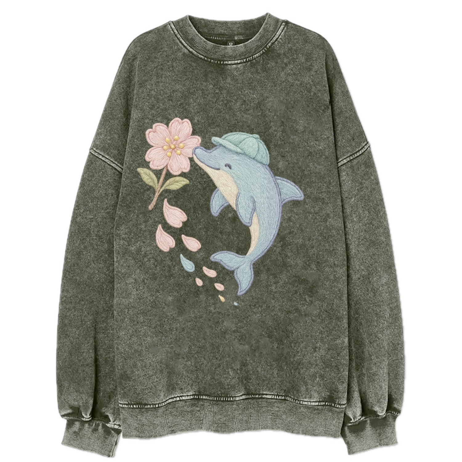 Dolphin Sakura Leap  - Vintage Sweatshirt - Forest Mist(Green)