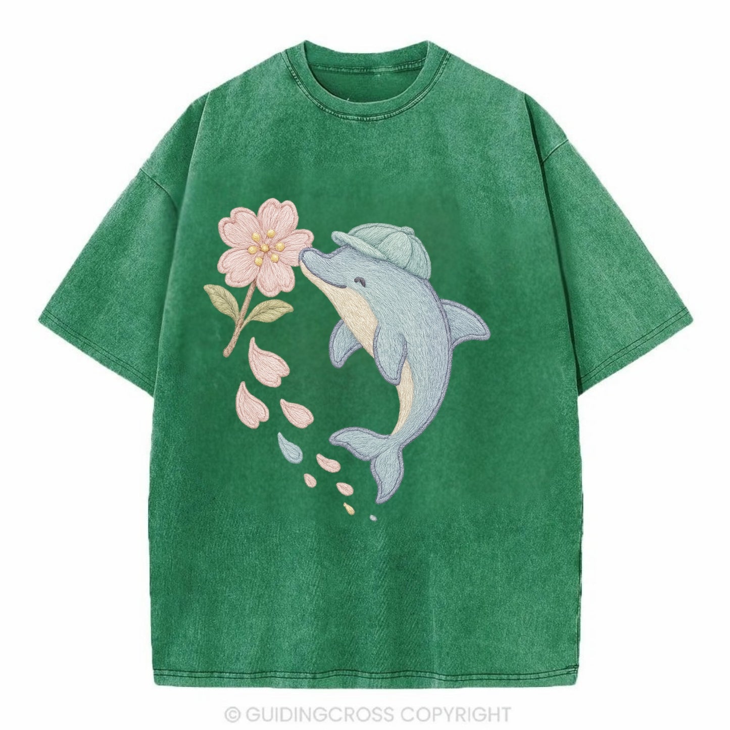 Dolphin Sakura Leap  - Vintage T-shirt - Forest Mist(Green)