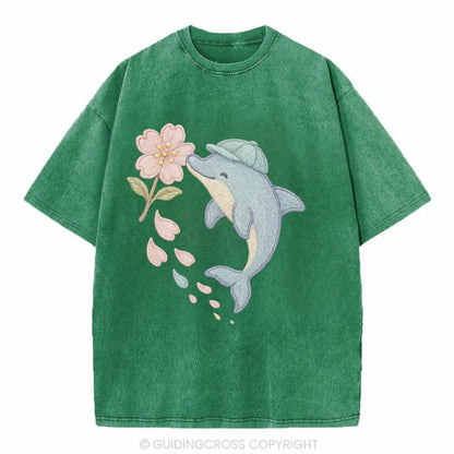 Dolphin Sakura Leap  - Vintage T-shirt - Forest Mist(Green)