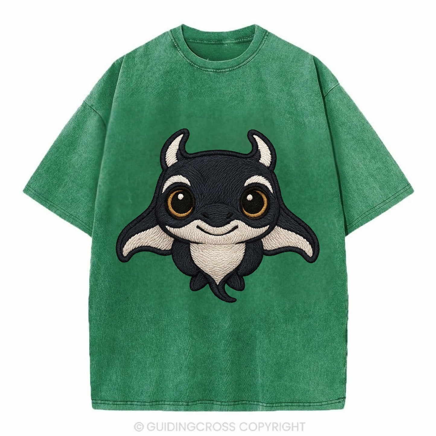 Baby Manta Ray - dark with white markings, cephalic fins, gentle eyes, - Vintage T-shirt - Forest Mist(Green)