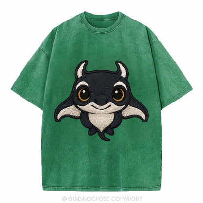 Baby Manta Ray - dark with white markings, cephalic fins, gentle eyes, - Vintage T-shirt - Forest Mist(Green)