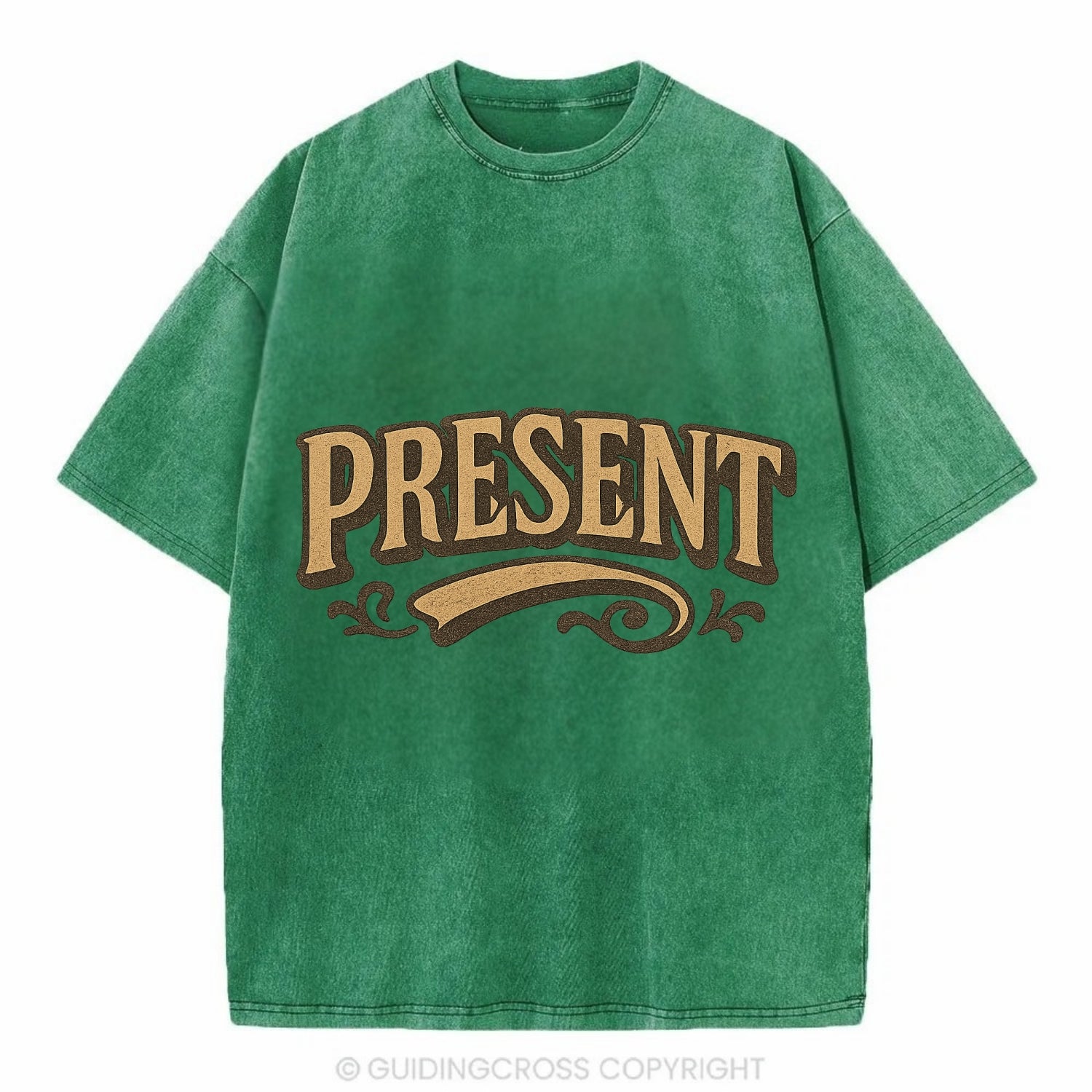 Bold typography design - "PRESENT" - living in the now - Vintage T-shirt - Forest Mist(Green)