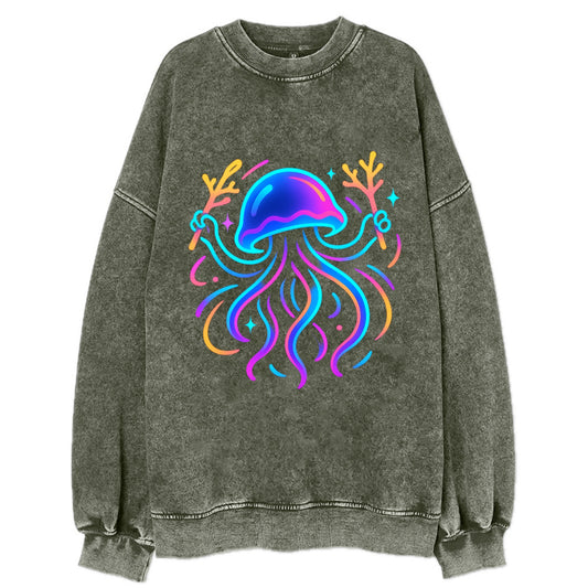 Jellyfish conducting a glow orchestra using coral batons in deep ocean concert - Vintage Sweatshirt - Forest Mist(Green)
