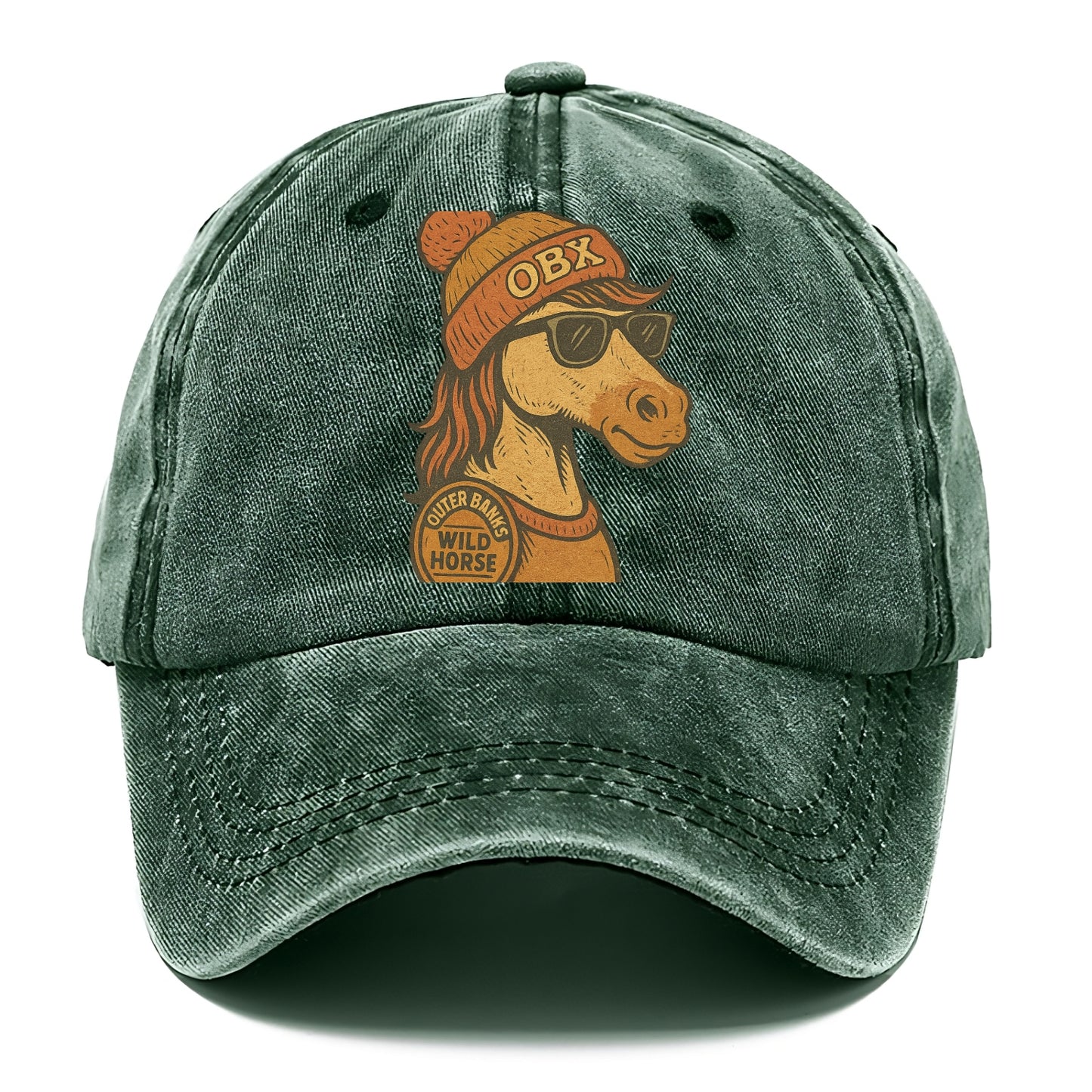 Outer Banks Wild Horse wearing OBX beanie with pom pom and wayfarer sunglasses - Classic Cap - Forest Mist(Green)