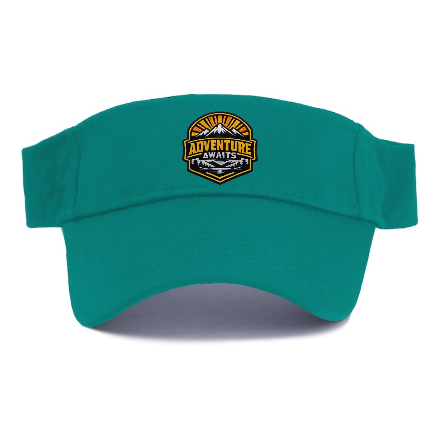 ADVENTURE AWAITS - mountain sunrise with text in gold and blue , wanderlust - Visor - Forest Mist(Green)