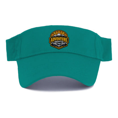 ADVENTURE AWAITS - mountain sunrise with text in gold and blue , wanderlust - Visor - Forest Mist(Green)