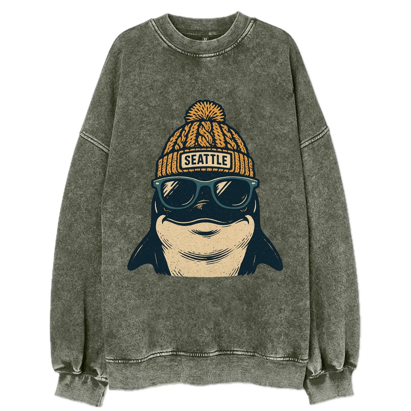 Seattle Orca wearing Seattle beanie with pom pom and wayfarer sunglasses - Vintage Sweatshirt - Forest Mist(Green)