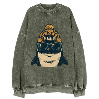 Seattle Orca wearing Seattle beanie with pom pom and wayfarer sunglasses - Vintage Sweatshirt - Forest Mist(Green)
