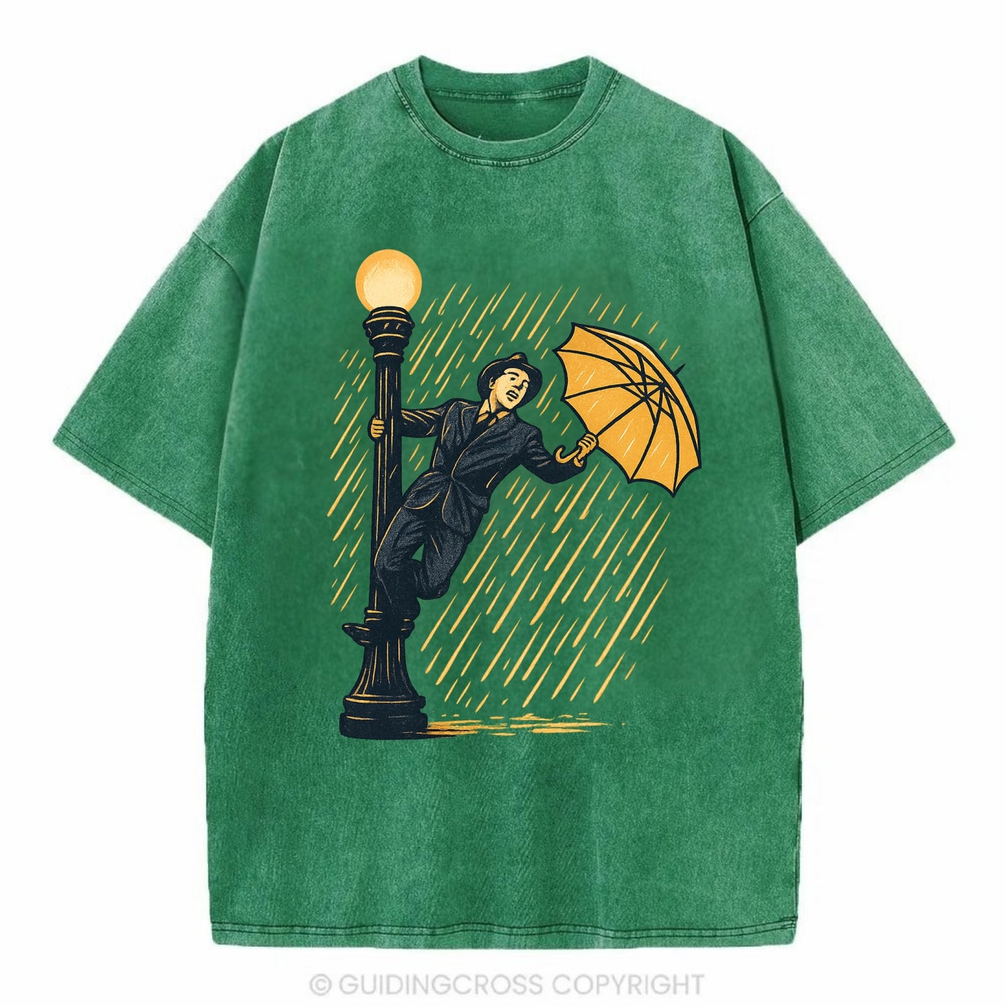 joyful dancing on lamppost in heavy rain with big smile - Vintage T-shirt - Forest Mist(Green)