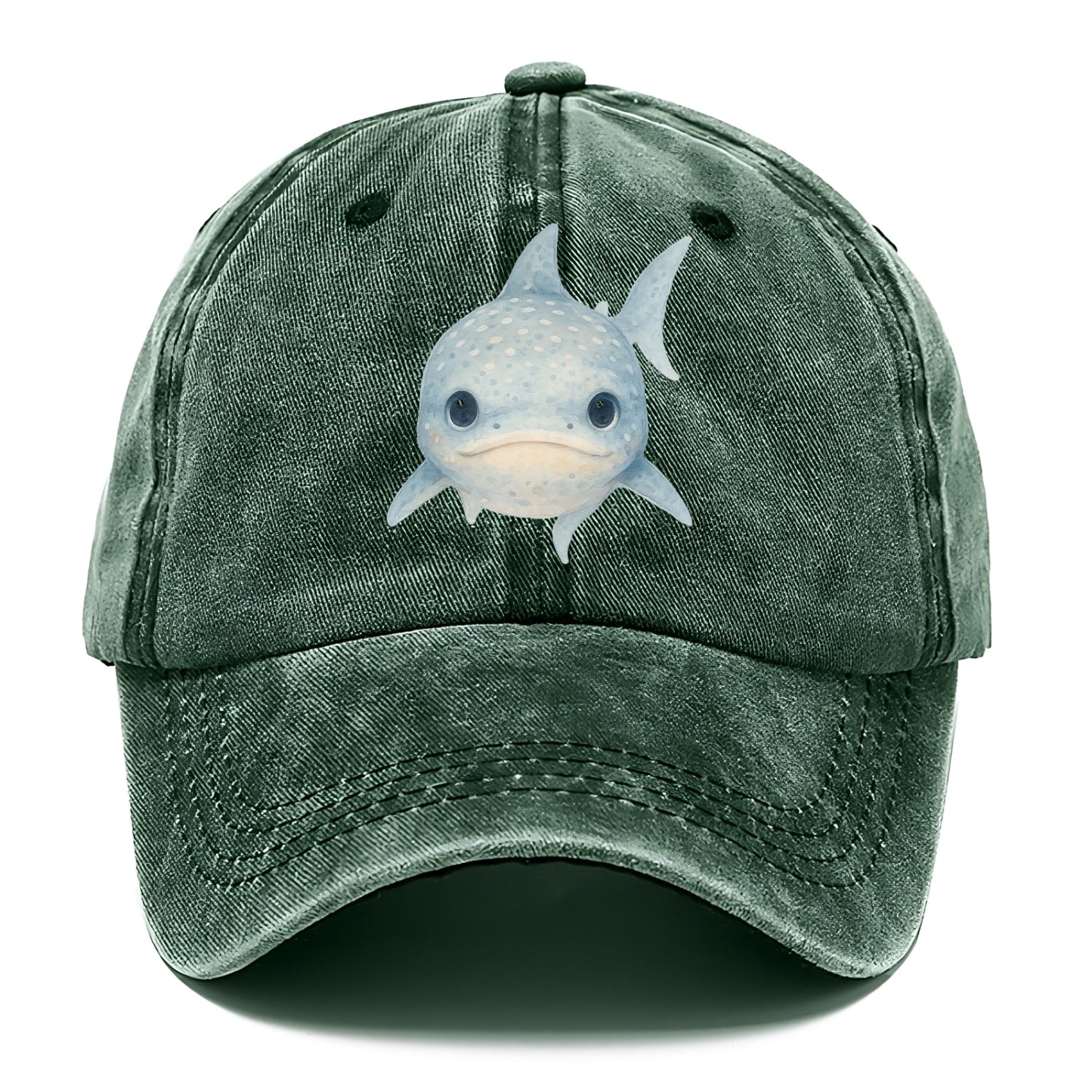 Baby Whale Shark - spotted blue-gray, wide mouth closed, tiny eyes, front-facing, - Classic Cap - Forest Mist(Green)