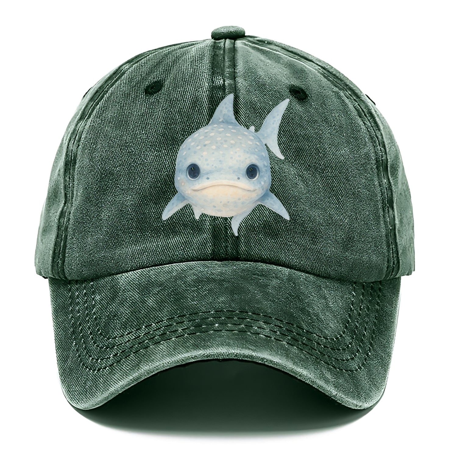 Baby Whale Shark - spotted blue-gray, wide mouth closed, tiny eyes, front-facing, - Classic Cap - Forest Mist(Green)