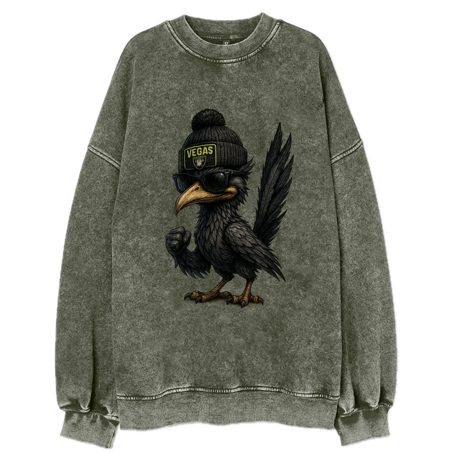 Vegas Roadrunner wearing Raiders beanie with neon patch and wayfarer sunglasses - Vintage Sweatshirt - Forest Mist(Green)