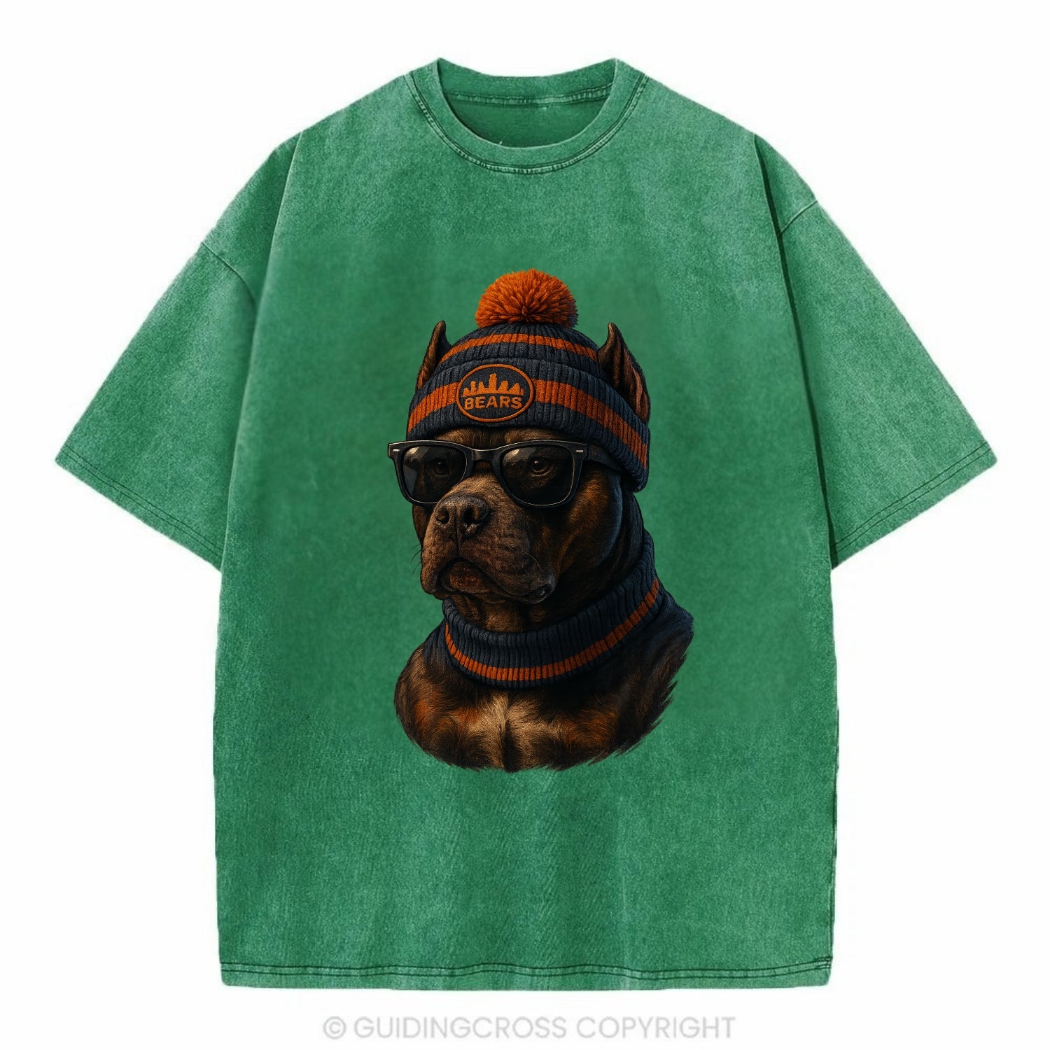 Chicago Pitbull wearing Bears beanie with skyline patch and wayfarer sunglasses - Vintage T-shirt - Forest Mist(Green)
