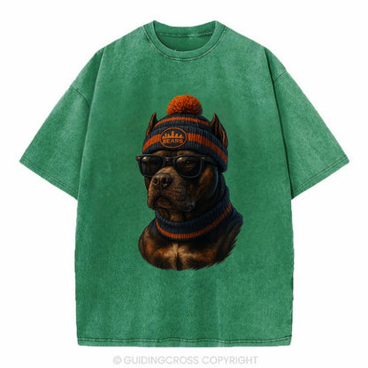 Chicago Pitbull wearing Bears beanie with skyline patch and wayfarer sunglasses - Vintage T-shirt - Forest Mist(Green)