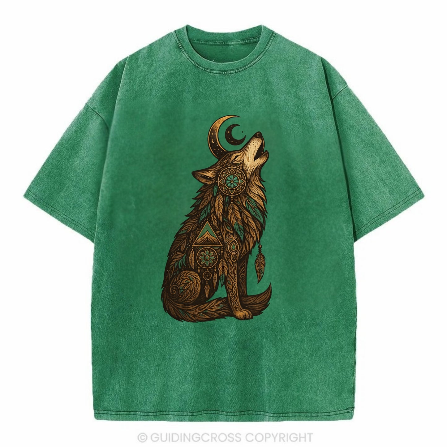 Celestial Moon Wolf  - Vintage T-shirt - Forest Mist(Green)