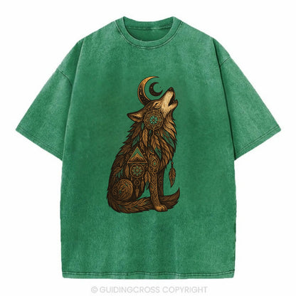 Celestial Moon Wolf  - Vintage T-shirt - Forest Mist(Green)