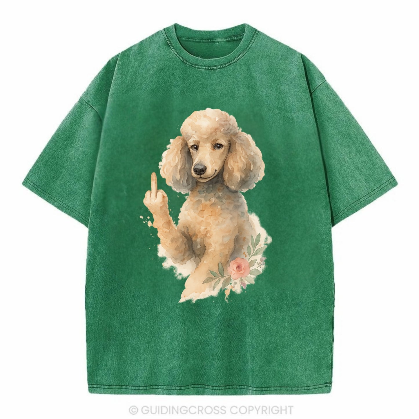 Standard Poodle with curly styled coat, intelligent face, fancy paw giving finger - Vintage T-shirt - Forest Mist(Green)