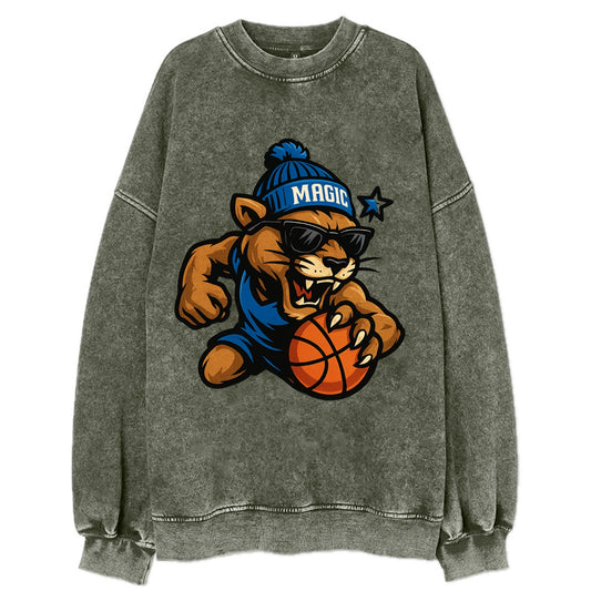 Florida Panther wearing Magic beanie with star wand patch and wayfarer - Vintage Sweatshirt - Forest Mist(Green)