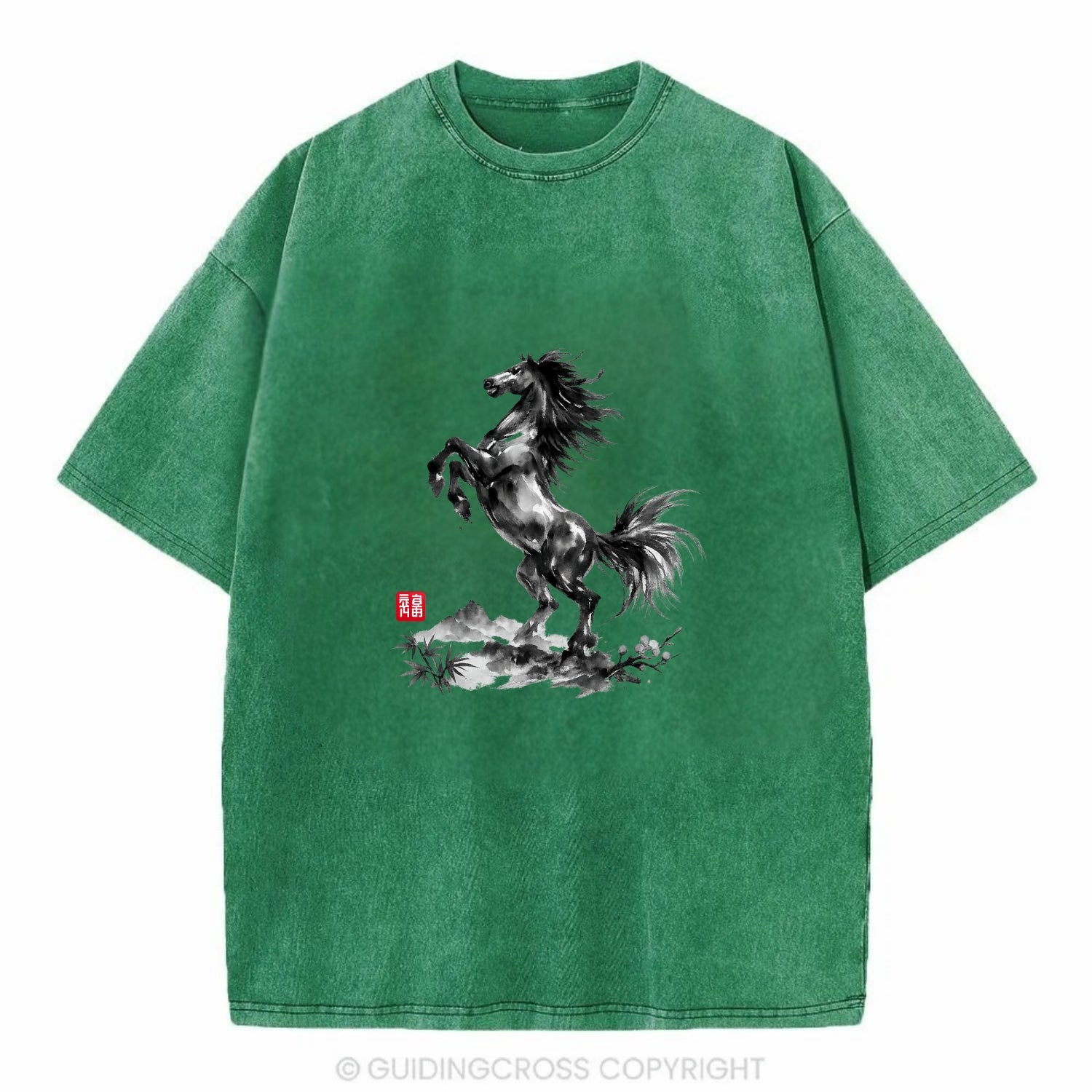 WILD STALLION | Powerful stallion rearing up | Windswept mane and tail | Mountain - Vintage T-shirt - Forest Mist(Green)