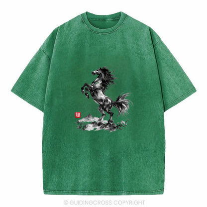 WILD STALLION | Powerful stallion rearing up | Windswept mane and tail | Mountain - Vintage T-shirt - Forest Mist(Green)