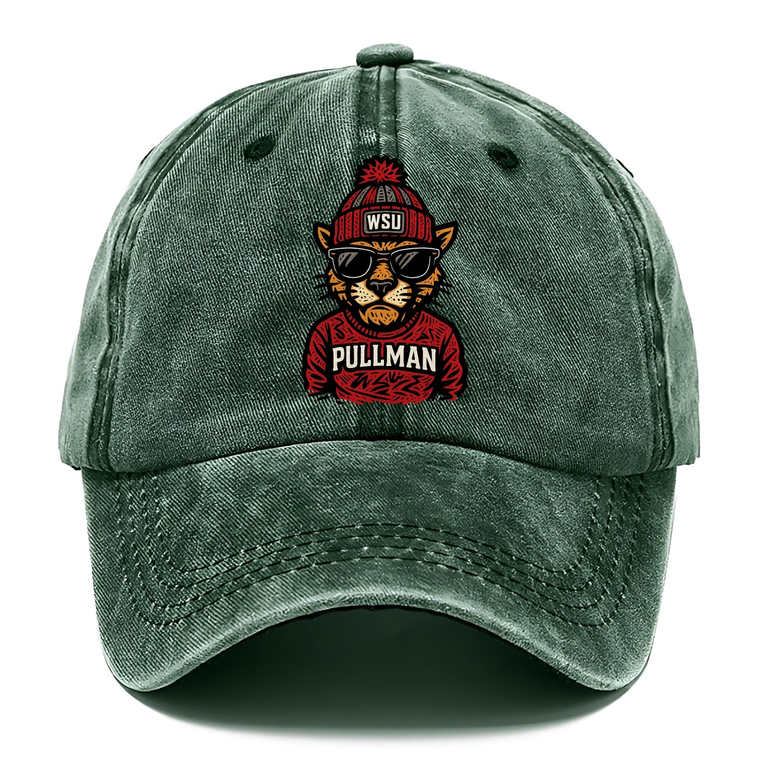 Pullman Cougar wearing Washington State beanie with WSU patch - Classic Cap - Forest Mist(Green)