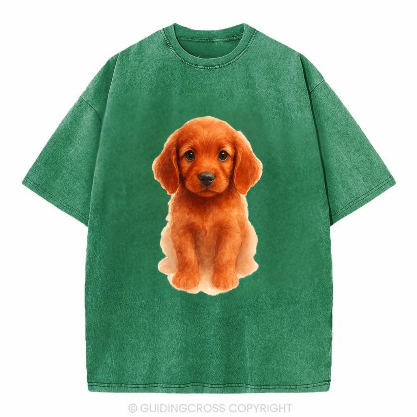 Baby Irish Setter Puppy - mahogany red coat, feathered ears, friendly eyes, - Vintage T-shirt - Forest Mist(Green)