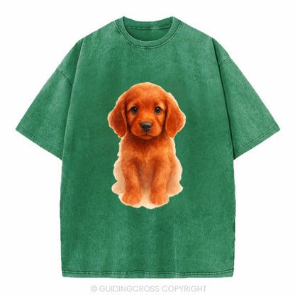 Baby Irish Setter Puppy - mahogany red coat, feathered ears, friendly eyes, - Vintage T-shirt - Forest Mist(Green)