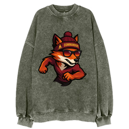 Washington Fox wearing Commanders beanie with Capitol patch and wayfarer - Vintage Sweatshirt - Forest Mist(Green)