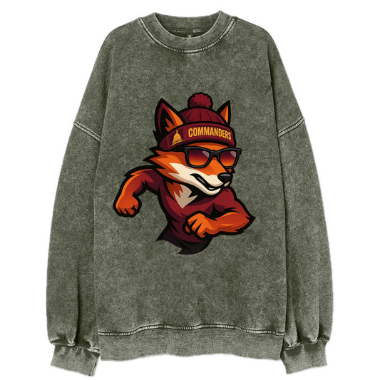 Washington Fox wearing Commanders beanie with Capitol patch and wayfarer - Vintage Sweatshirt - Forest Mist(Green)
