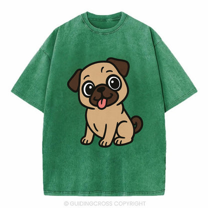 Pug - Tilted head with tongue out - Vintage T-shirt - Forest Mist(Green)