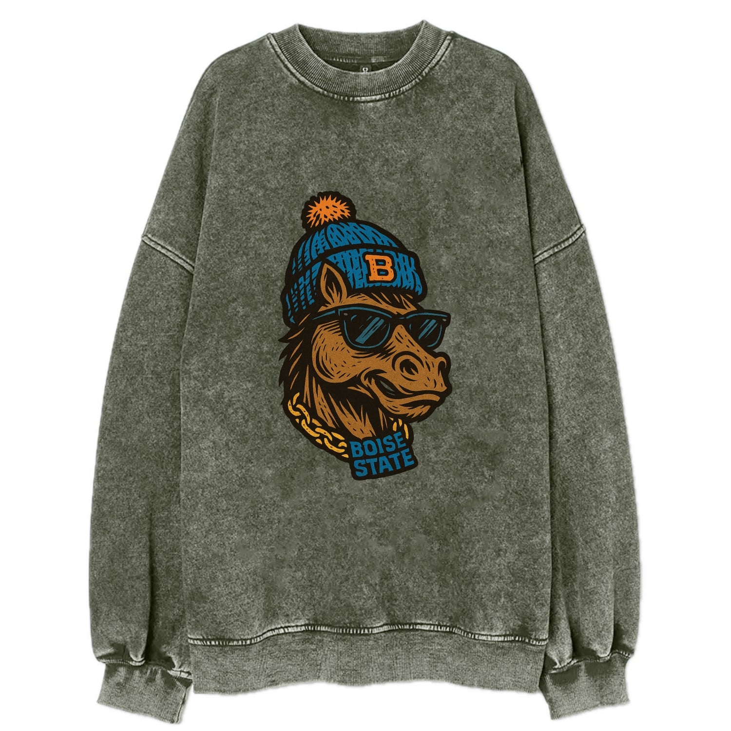 Boise Bronco wearing Boise State beanie with B patch - Vintage Sweatshirt - Forest Mist(Green)