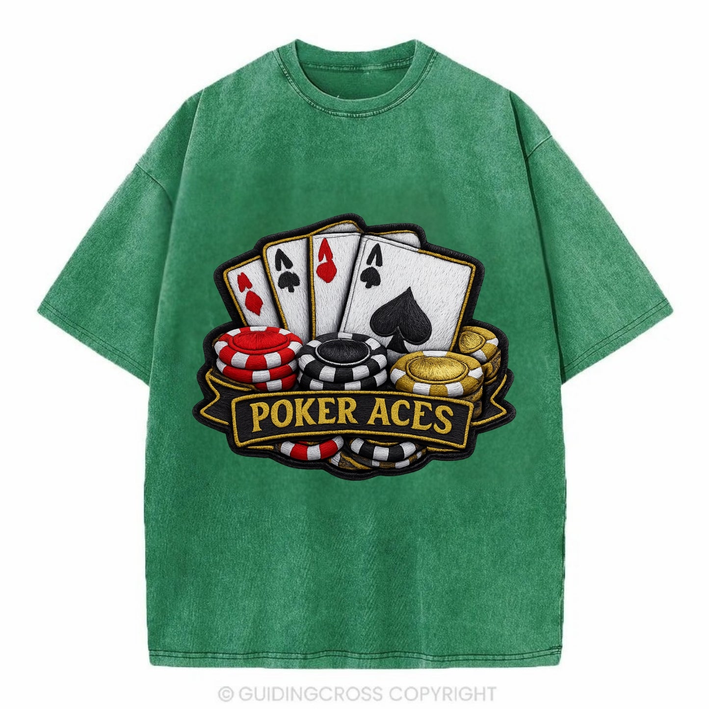 Embroidered patch design - POKER ACES - four aces with chips in red, black and - Vintage T-shirt - Forest Mist(Green)