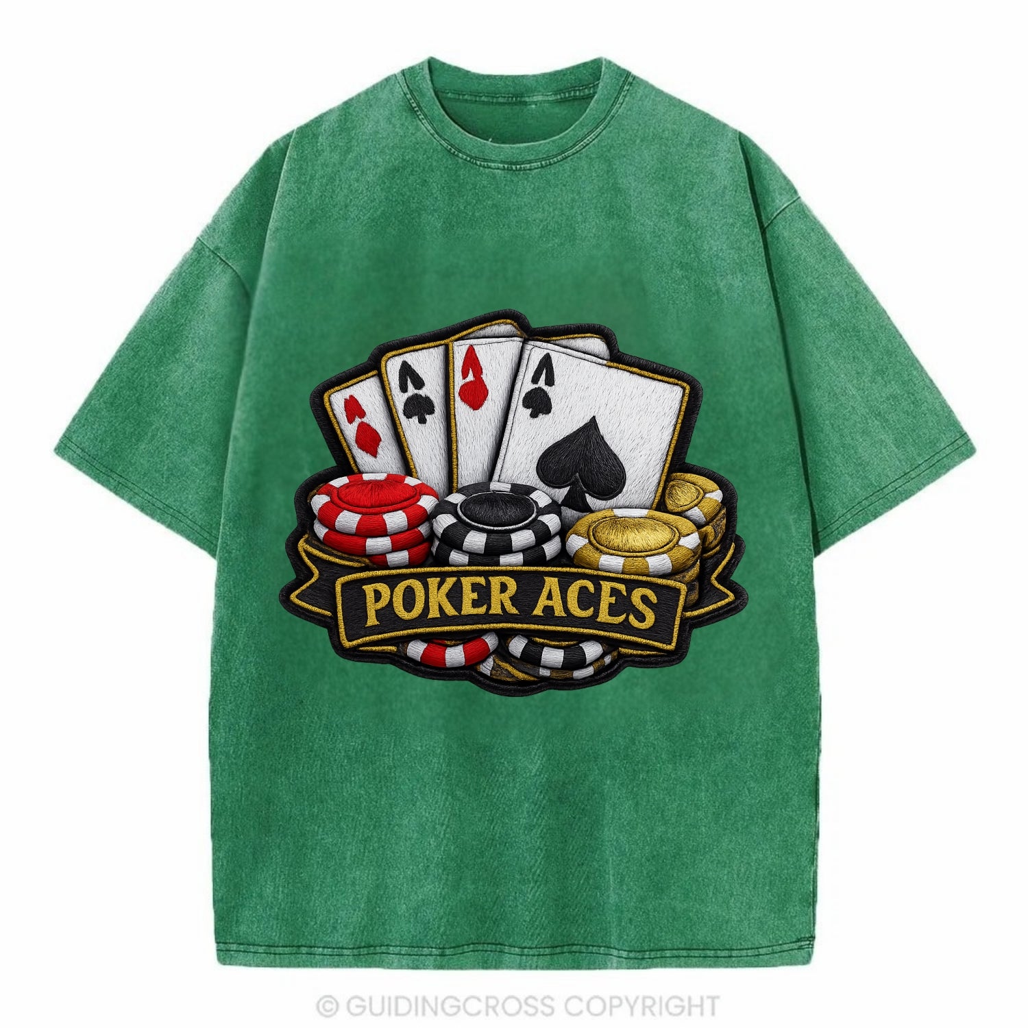 Embroidered patch design - POKER ACES - four aces with chips in red, black and - Vintage T-shirt - Forest Mist(Green)