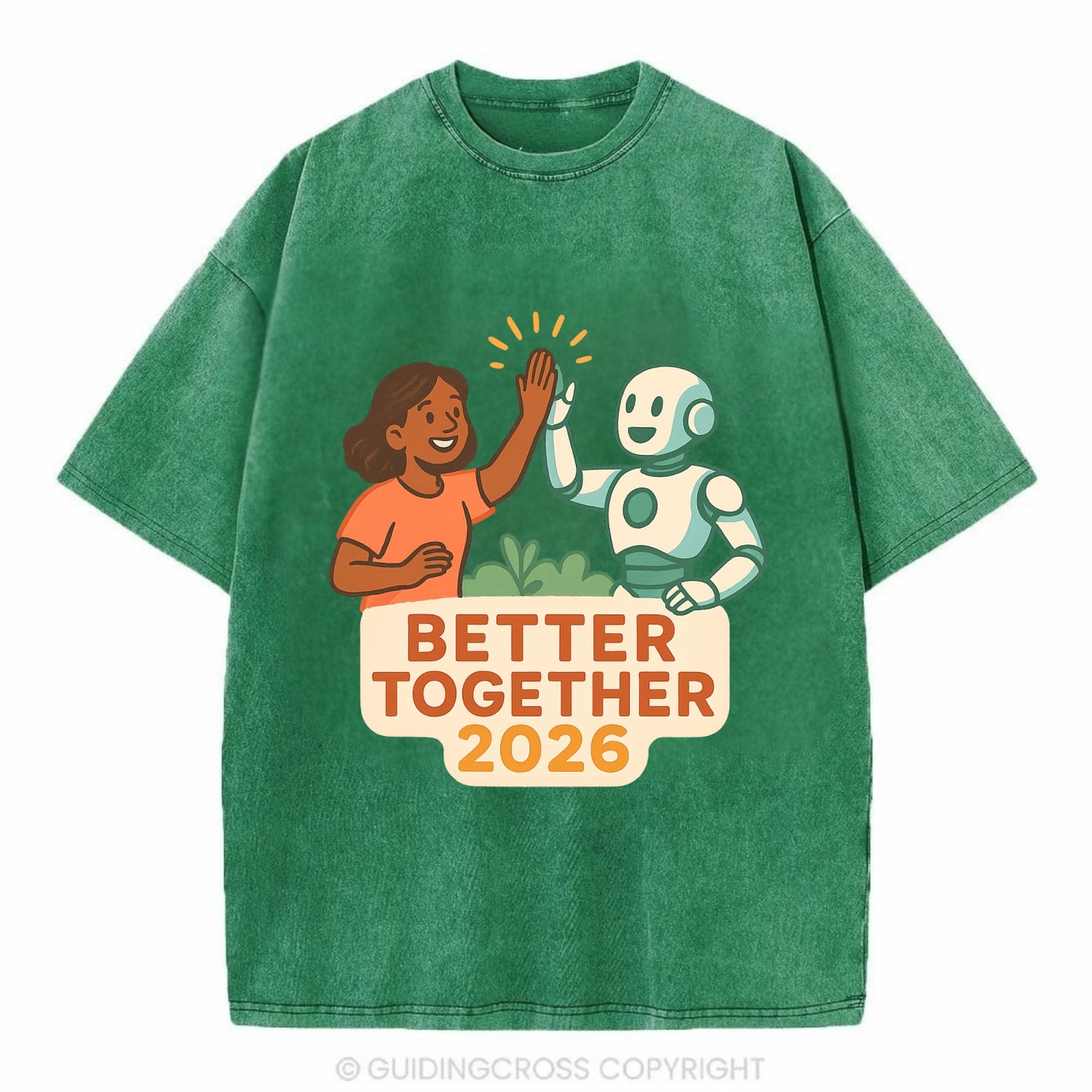 Human and AI robot high-fiving as collaborative partners - "Better Together 2026" - Vintage T-shirt - Forest Mist(Green)