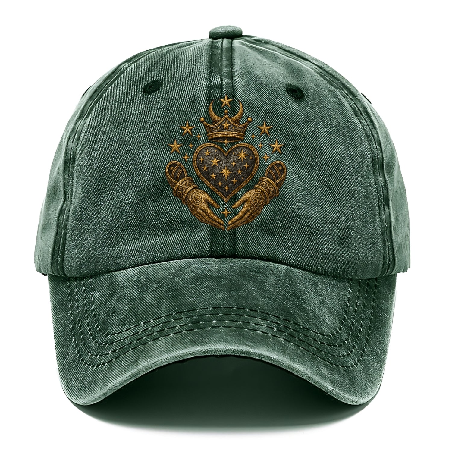 Weathered antique brass crown above a hammered gunmetal heart framed by ivy-woven - Classic Cap - Forest Mist(Green)