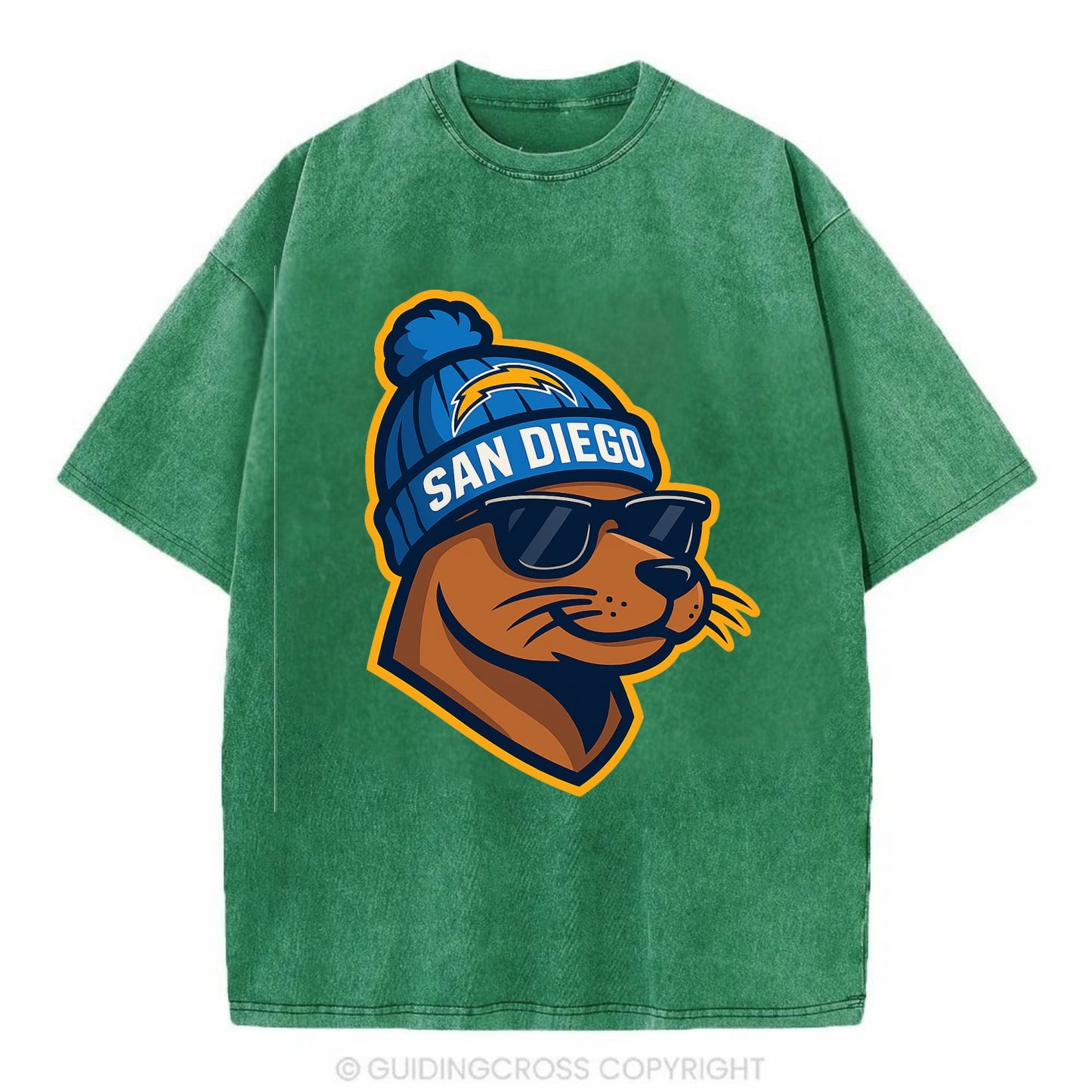 San Diego Sea Lion wearing Chargers beanie with bolt patch and wayfarer sunglasses - Vintage T-shirt - Forest Mist(Green)