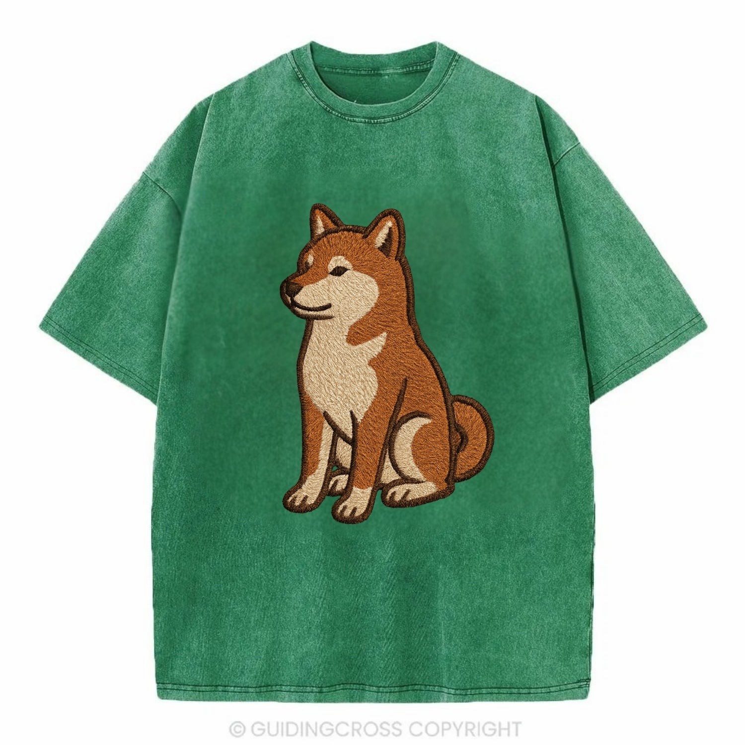 Shiba Inu - Red sesame embroidered sitti Vintage T-shirt - Forest Mist(Green)