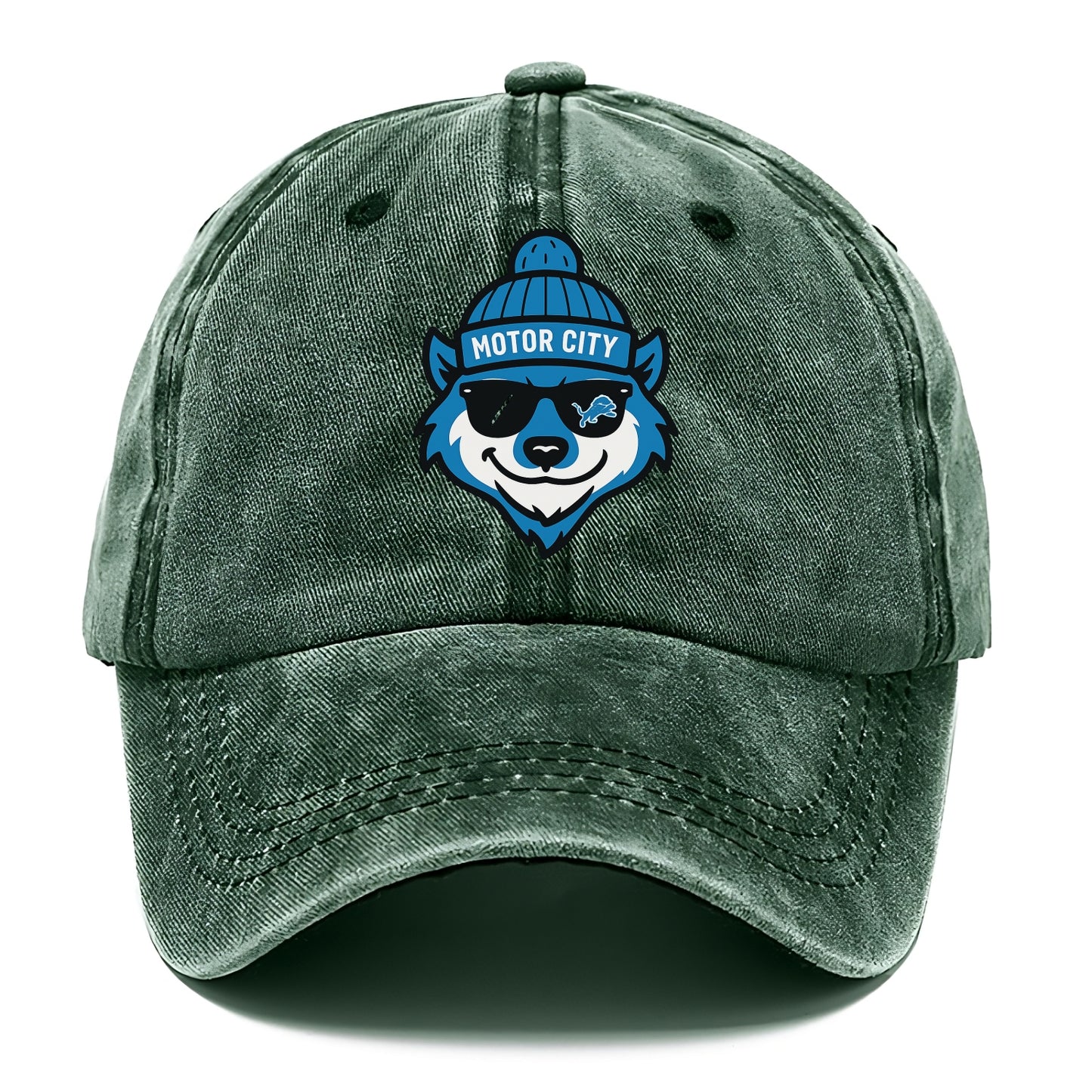 Motor City Wolverine wearing Lions beanie with gear patch and wayfarer sunglasses - Classic Cap - Forest Mist(Green)