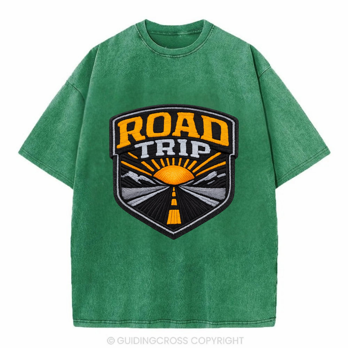 ROAD TRIP - highway and sun in orange and gray , open road - Vintage T-shirt - Forest Mist(Green)