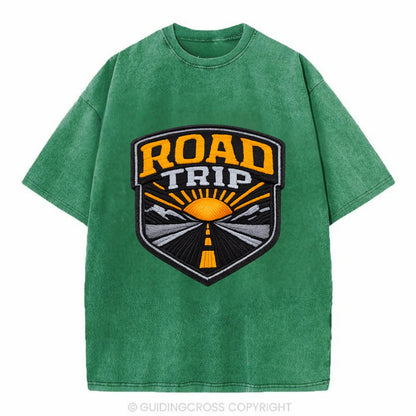 ROAD TRIP - highway and sun in orange and gray , open road - Vintage T-shirt - Forest Mist(Green)